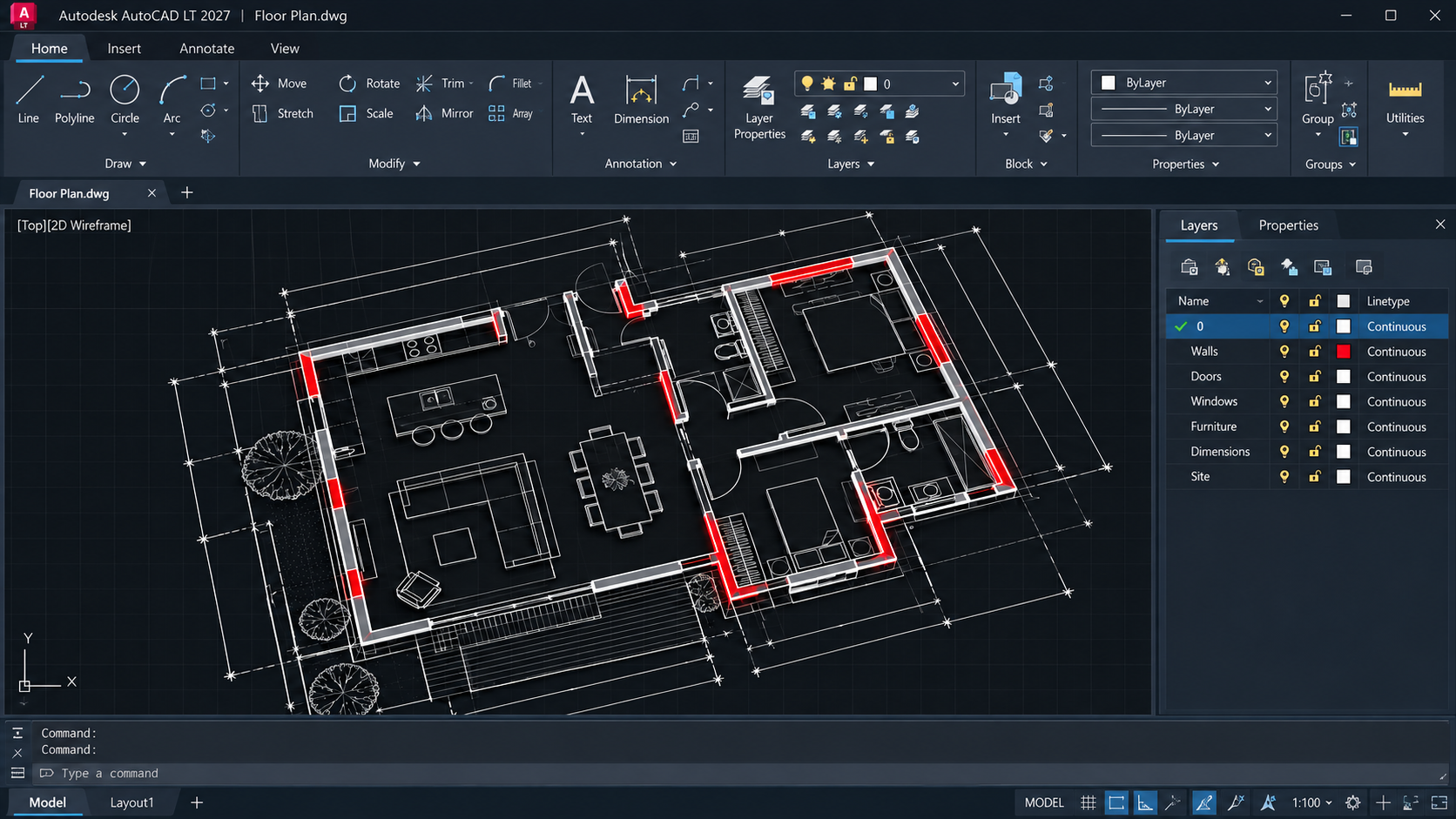 Minh họa giao diện AutoCAD LT 2027 với bản vẽ mặt bằng CAD 2D