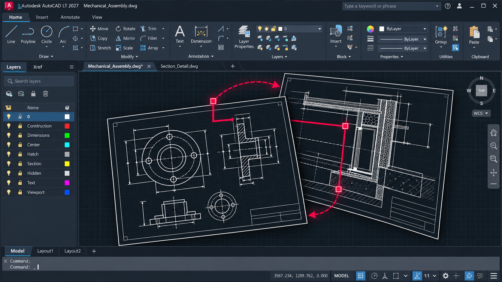 Minh họa giao diện AutoCAD LT 2027 với bản vẽ kỹ thuật DWG 2D
