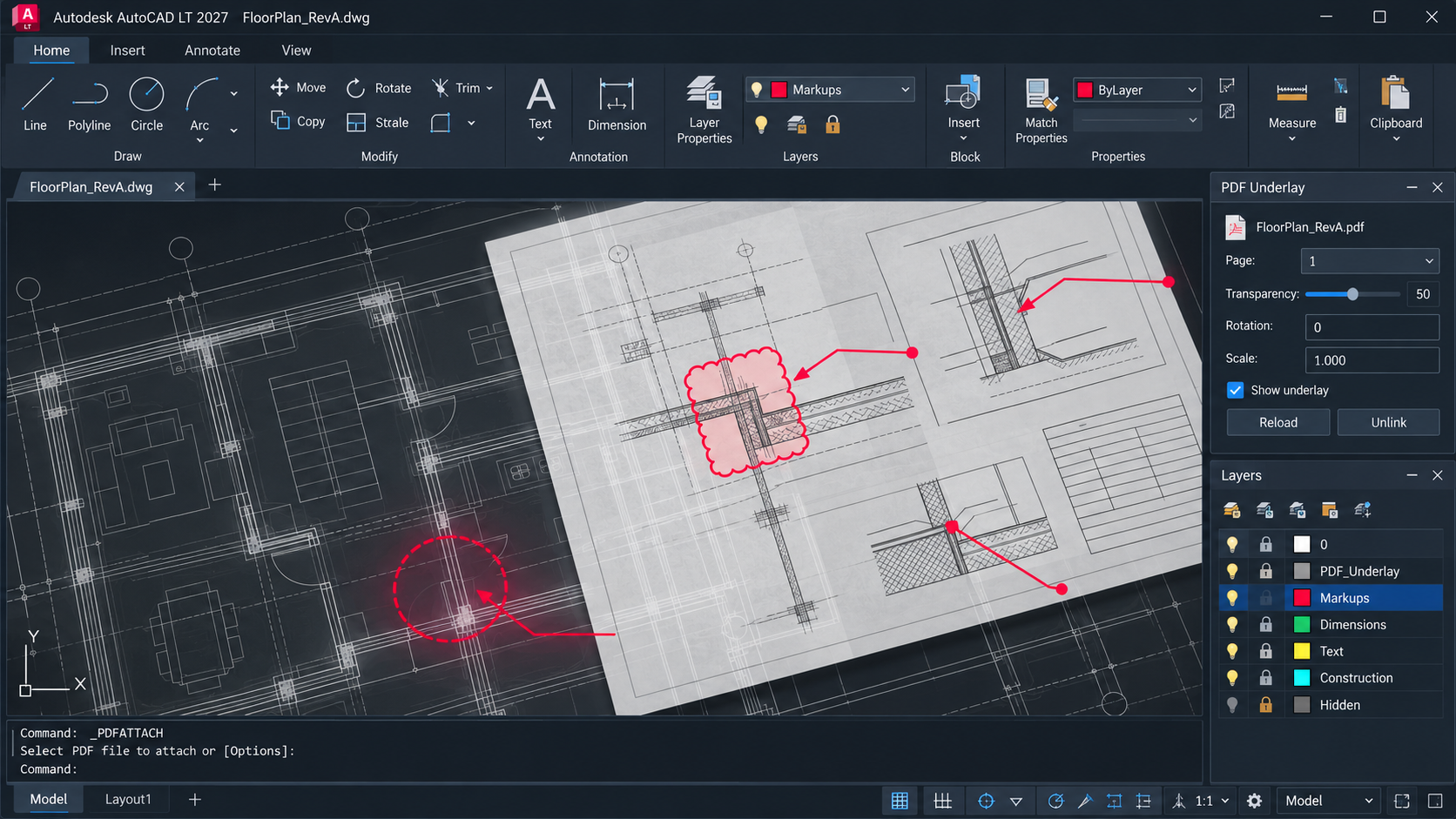 Minh họa giao diện AutoCAD LT 2027 với lớp lót PDF và đánh dấu bản vẽ