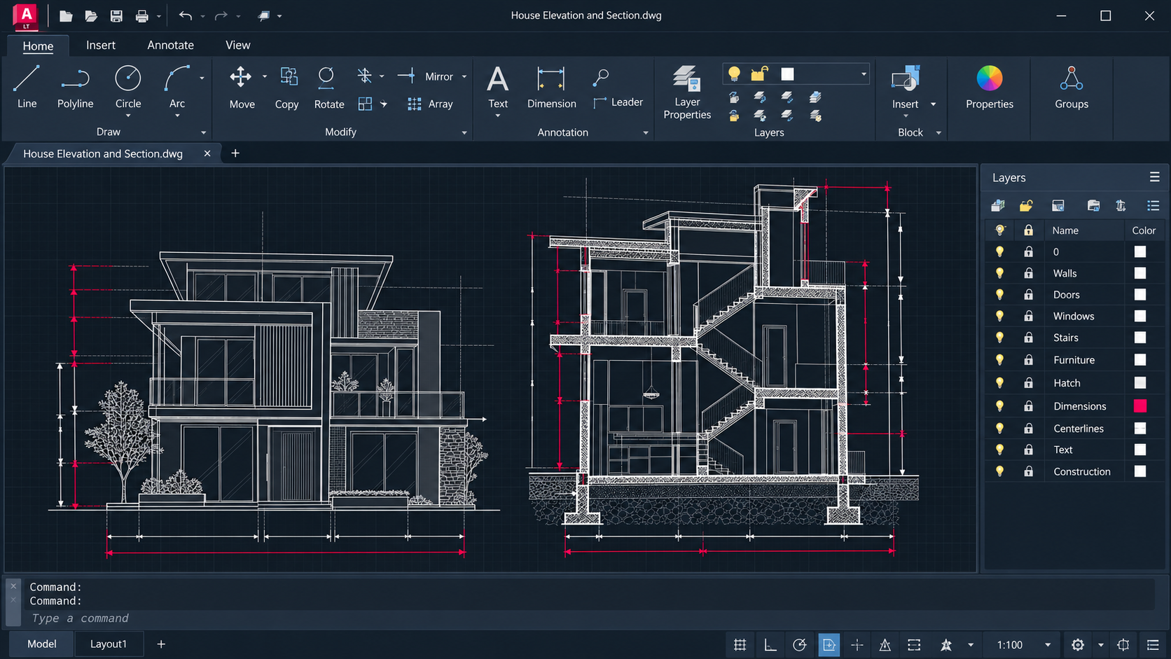 Minh họa giao diện AutoCAD LT 2027 với bản vẽ mặt đứng và mặt cắt 2D